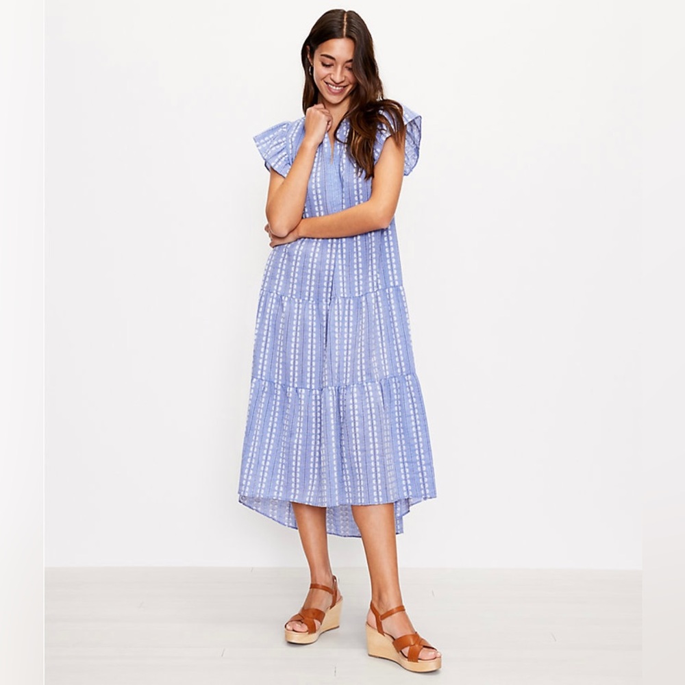 Loft Jacquard Tiered Flutter Sleeve Midi Dress